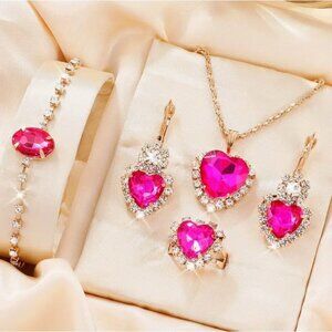 Pink Heart Crystal Jewelry Set - Necklace Earrings Bracelet & Ring Gold-Tone